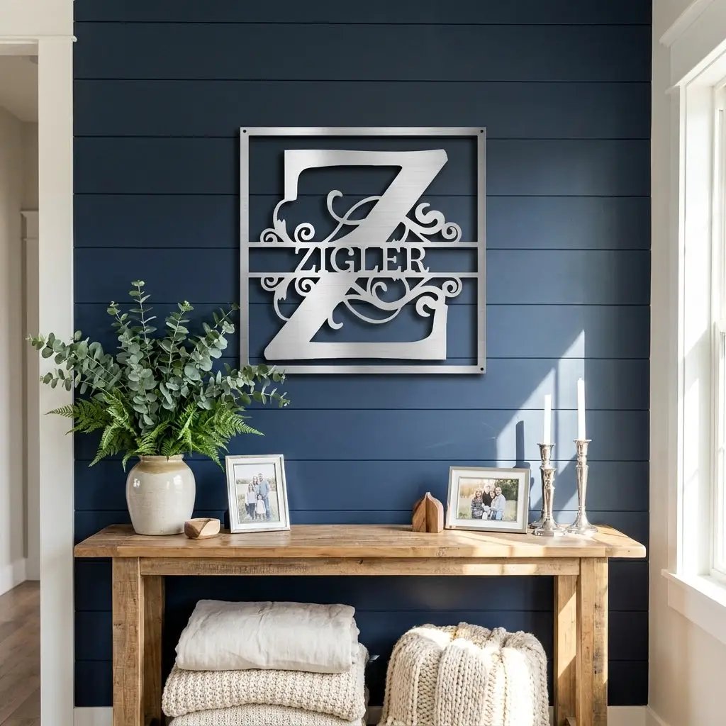 Personalized Monogram Metal Wall Art – Custom Family Name Sign – Square Metal Wall Decor – Farmhouse Last Name Steel Sign