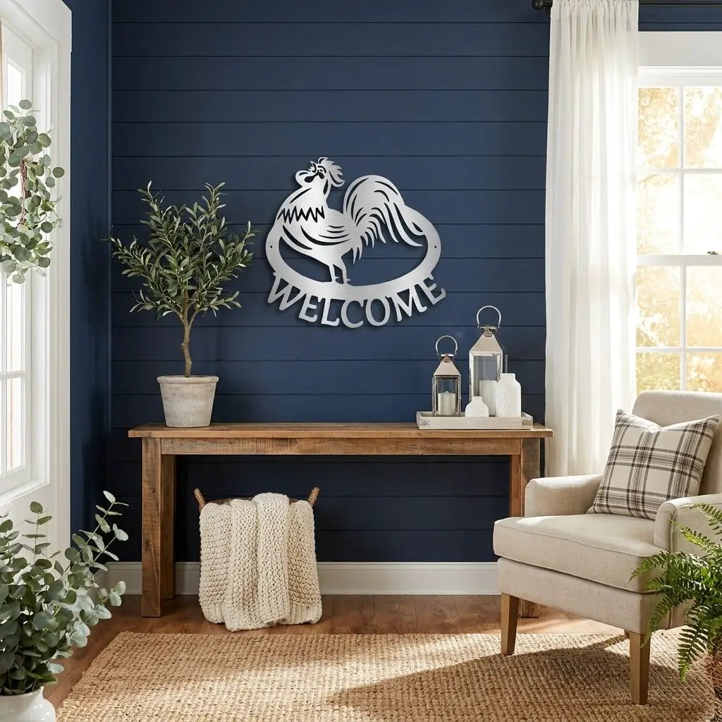 Welcome Rooster Metal Wall Art – Farmhouse Chicken Decor – Rustic Kitchen Wall Sign – Country Home Decor – Farmhouse Porch Sign
