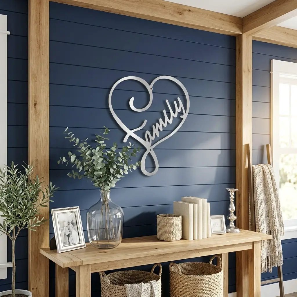 Family Name Heart Metal Wall Art Sign – Custom Steel Family Love Monogram – Laser Cut Amish Crafted Metal Home Decor