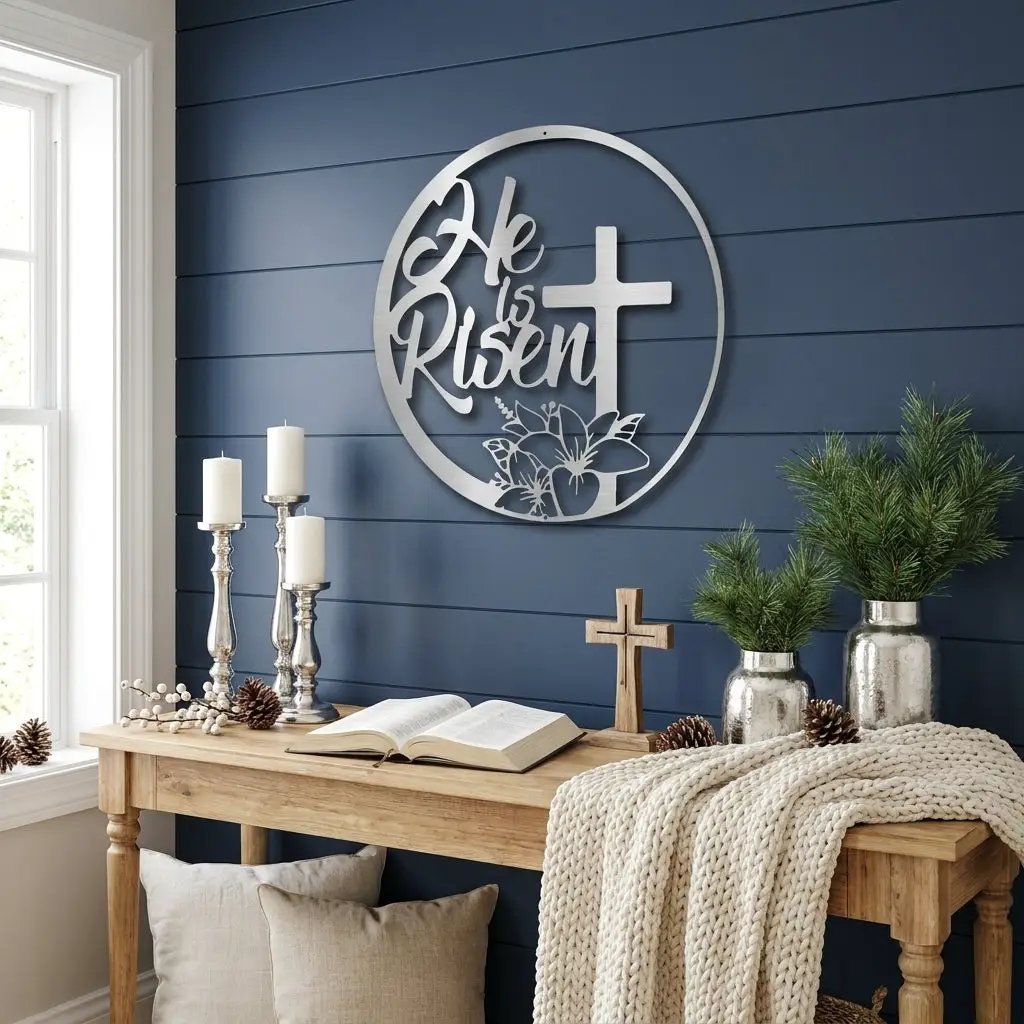 Easter Cross Metal Wall Sign – Christian Home Decor – He Is Risen