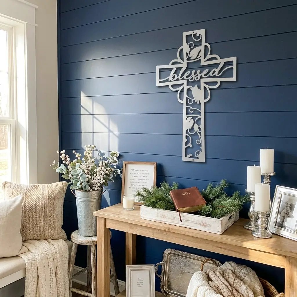 Blessed Cross Metal Wall Art | Christian Floral Cross Decor | Inspirational Faith Wall Hanging