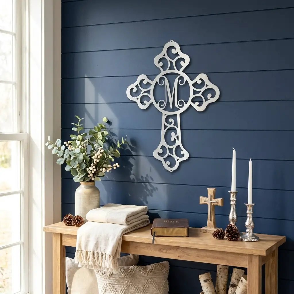 Personalized Initial Cross Metal Wall Art | Custom Monogram Christian Cross Decor | Ornate Faith Wall Hanging