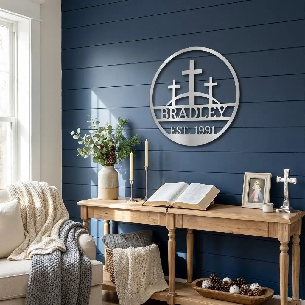 Personalized Three Crosses Metal Wall Art | Christian Family Name Sign | Faith Based Farmhouse Decor