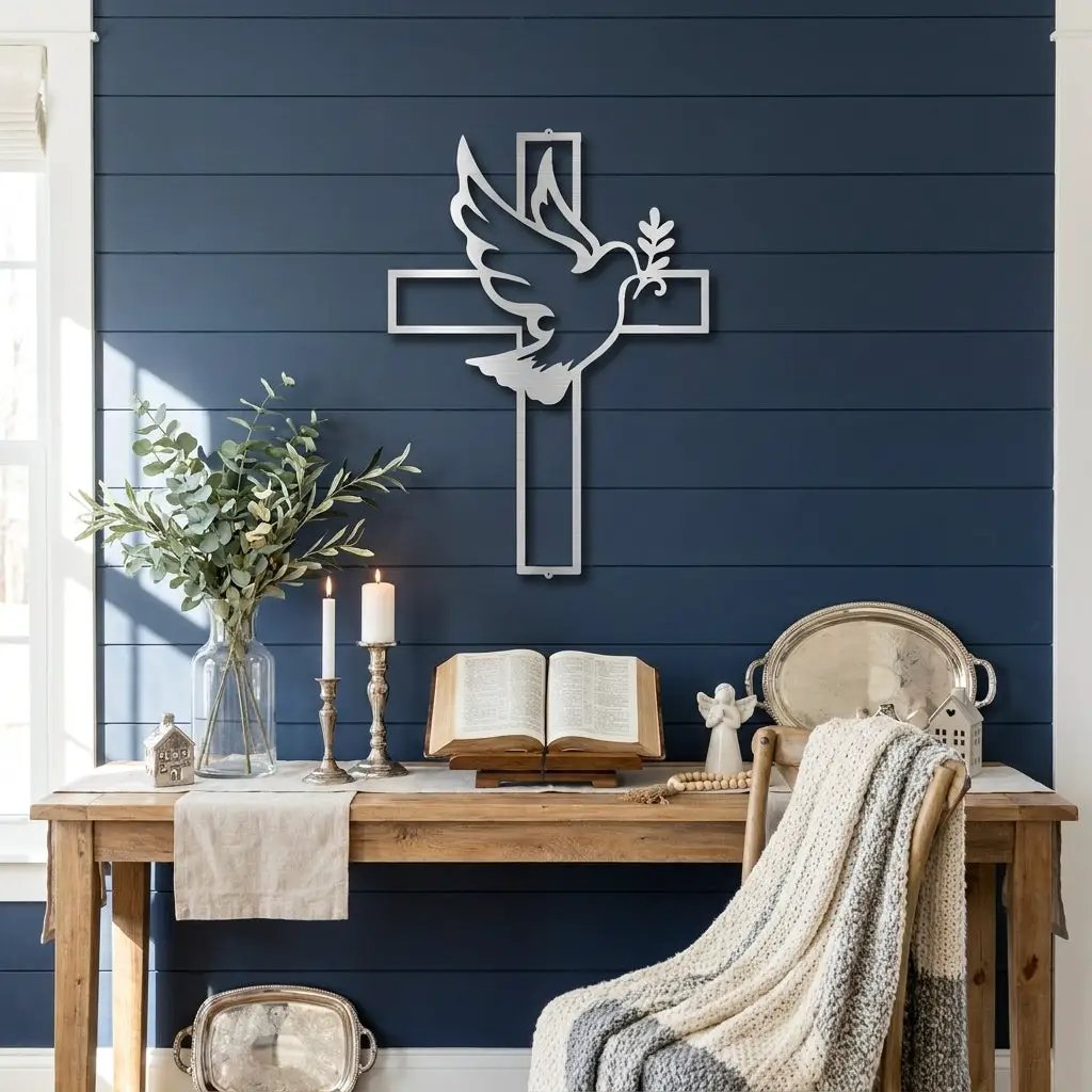 Dove Cross Metal Wall Art | Christian Holy Spirit Decor | Inspirational Religious Wall Hanging