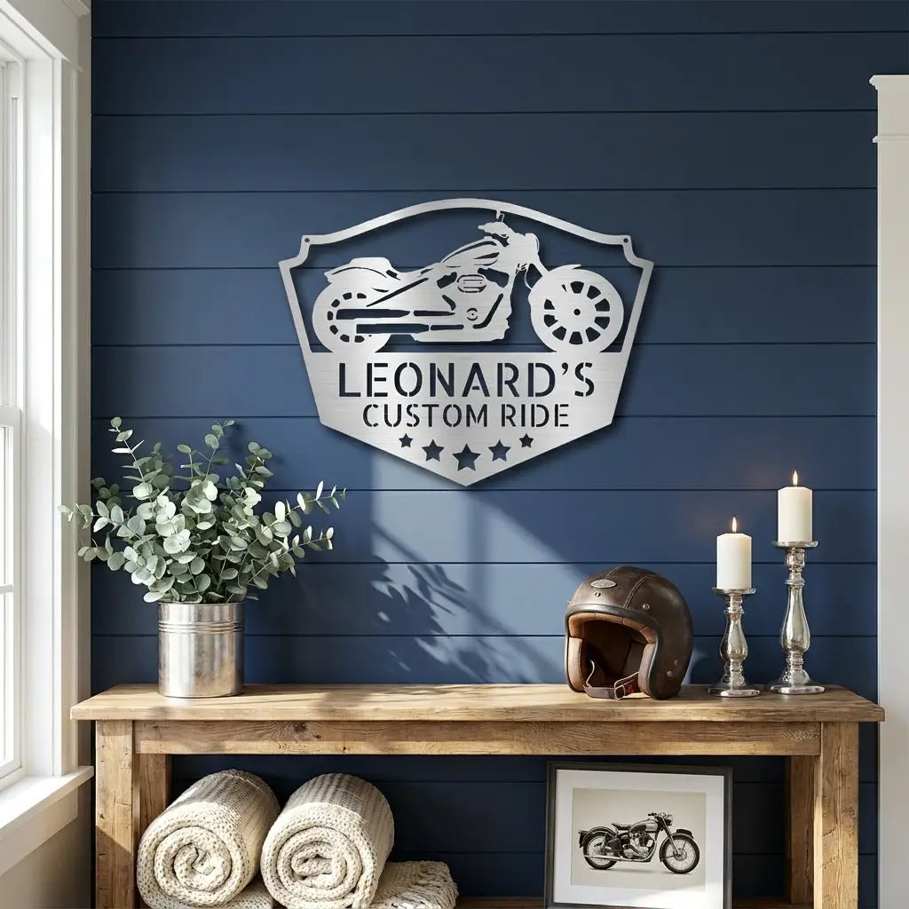 Chopper Motorcycle Shop Custom Name Monogram Indoor Outdoor Steel Wall Sign