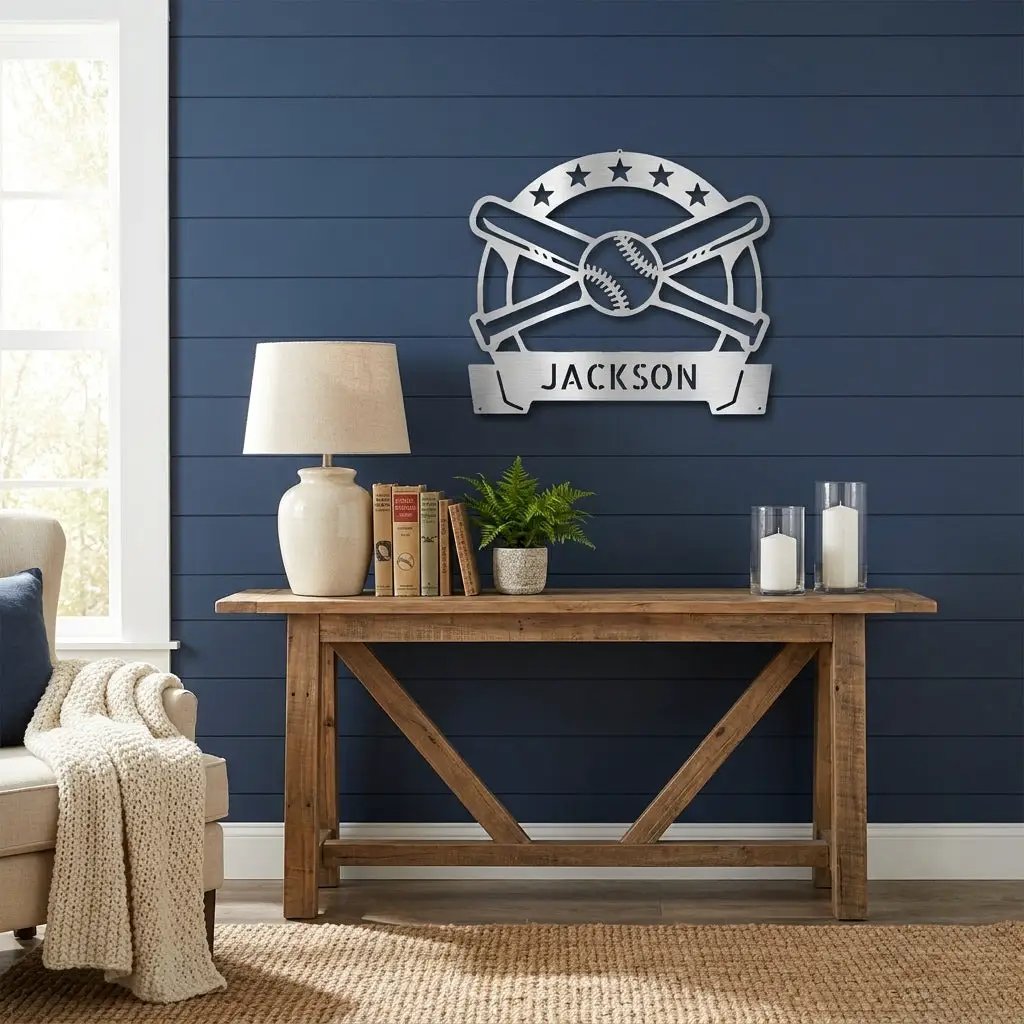 Personalized Baseball Metal Wall Art – Custom Name Baseball Sign – Baseball Bat & Ball Decor – Coach Gift – Sports Wall Art