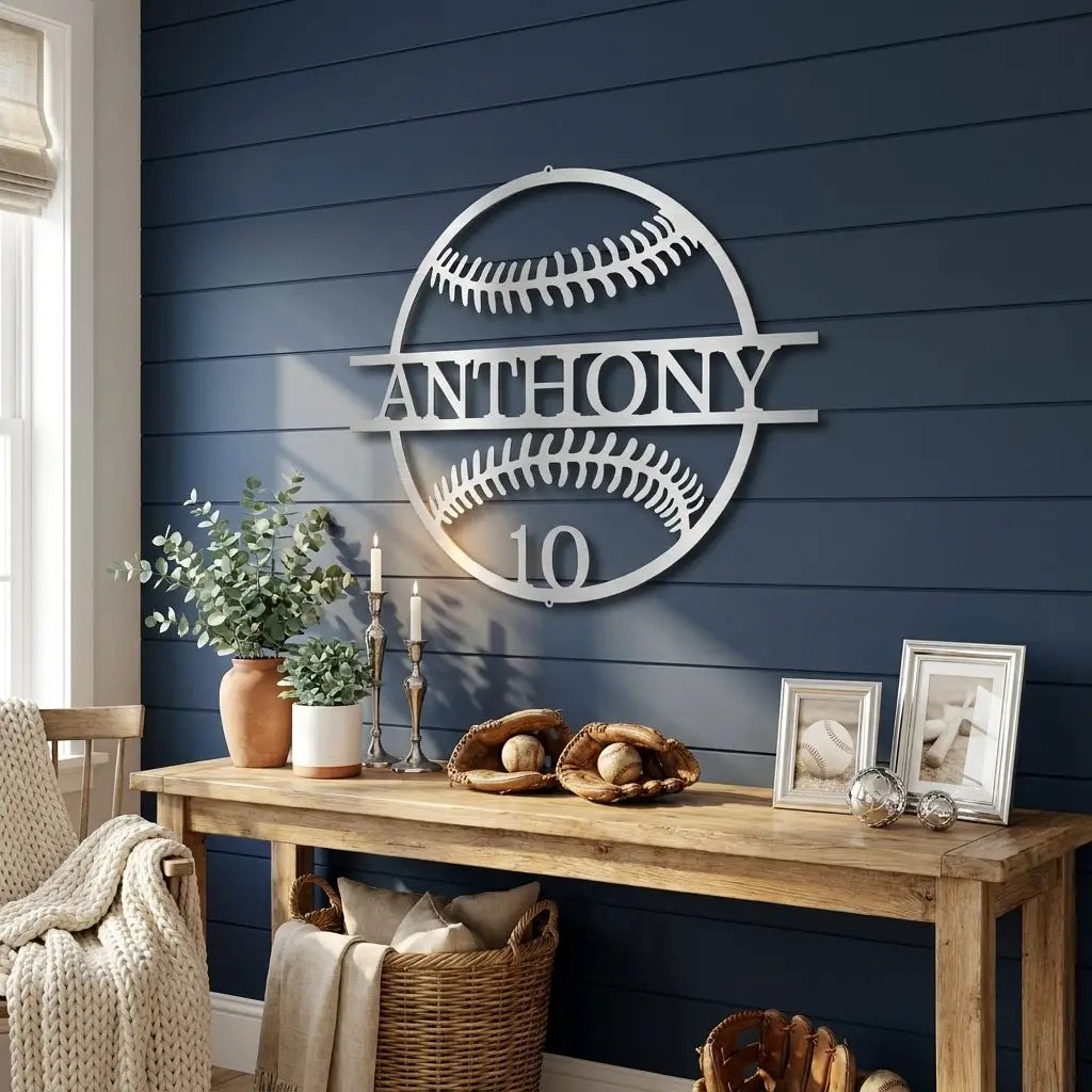 Personalized Baseball Metal Wall Art | Custom Name and Number Baseball Sign | Player Room Decor