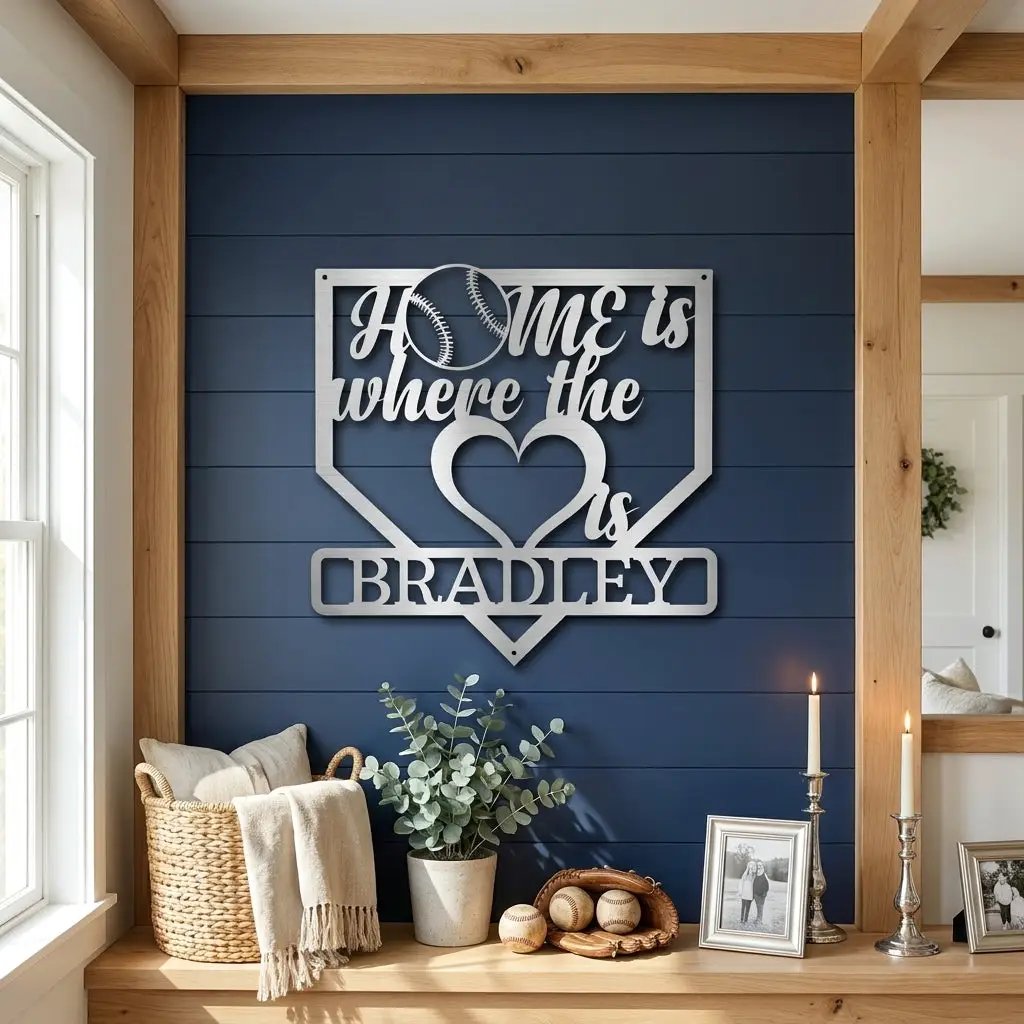 Personalized Baseball Home Plate Metal Wall Art | Custom Family Name Baseball Sign | Baseball Lover Home Decor