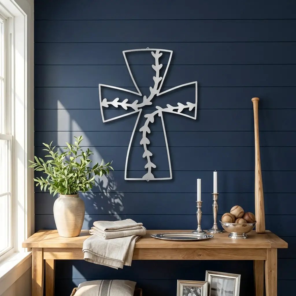 Faith Baseball Cross Metal Wall Art | Christian Baseball Decor | Baseball Stitch Cross Sign for Players & Fans