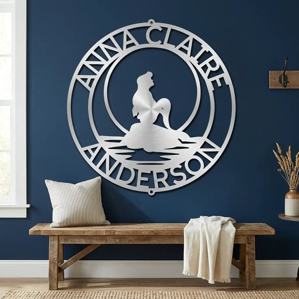 Personalized Mermaid Metal Wall Art Sign – Custom Name Steel Wall Decor for Girls Room – Ocean Themed Nursery and Bedroom Decor