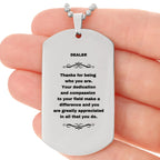 Dealer Dog Tag Necklace – Stainless Steel Pendant with Engraved Message – Thoughtful Gift for Casino Dealers, Card Dealers, Poker Enthusiasts –