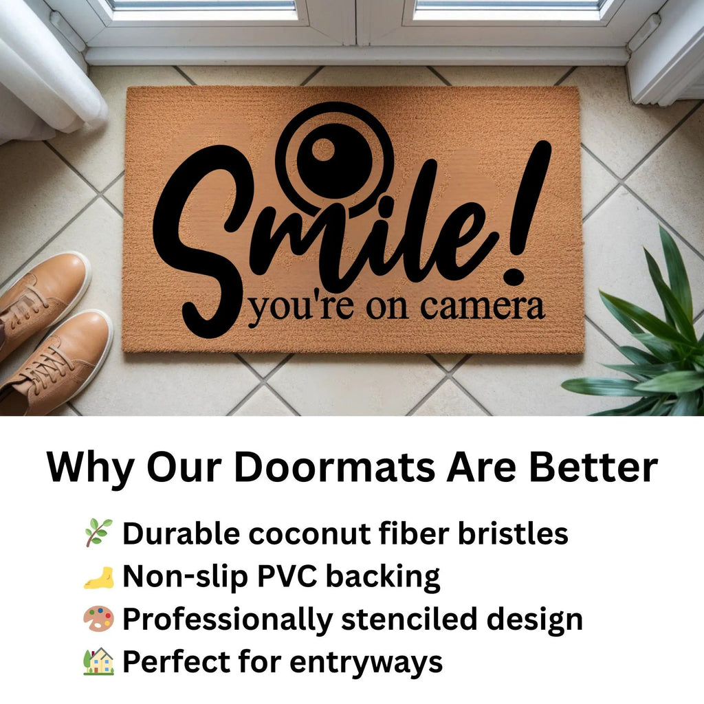 Funny Security Doormat - Smile! You’re on Camera | Coir Welcome Mat for Home Surveillance | Humorous Front Porch Décor