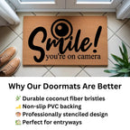 Funny Security Doormat - Smile! You’re on Camera | Coir Welcome Mat for Home Surveillance | Humorous Front Porch Décor