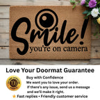 Funny Security Doormat - Smile! You’re on Camera | Coir Welcome Mat for Home Surveillance | Humorous Front Porch Décor