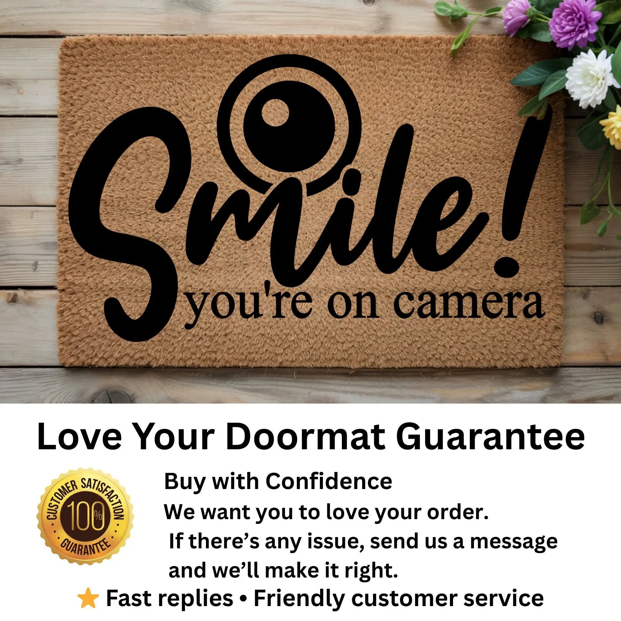 Funny Security Doormat - Smile! You’re on Camera | Coir Welcome Mat for Home Surveillance | Humorous Front Porch Décor