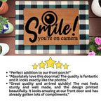 Funny Security Doormat - Smile! You’re on Camera | Coir Welcome Mat for Home Surveillance | Humorous Front Porch Décor