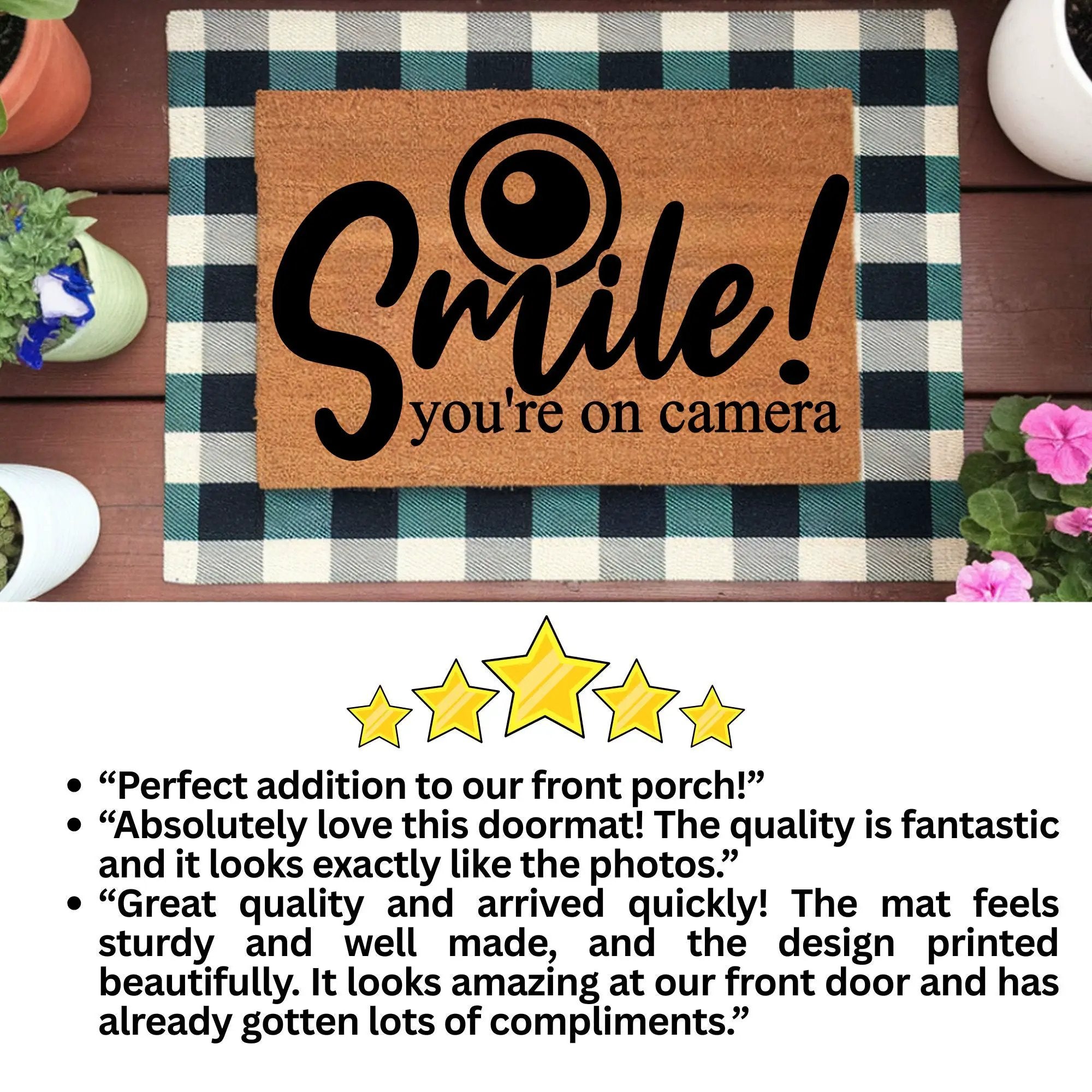 Funny Security Doormat - Smile! You’re on Camera | Coir Welcome Mat for Home Surveillance | Humorous Front Porch Décor