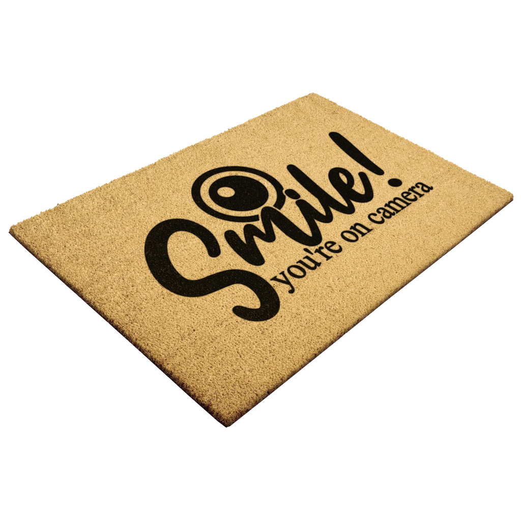 Funny Security Doormat - Smile! You’re on Camera | Coir Welcome Mat for Home Surveillance | Humorous Front Porch Décor