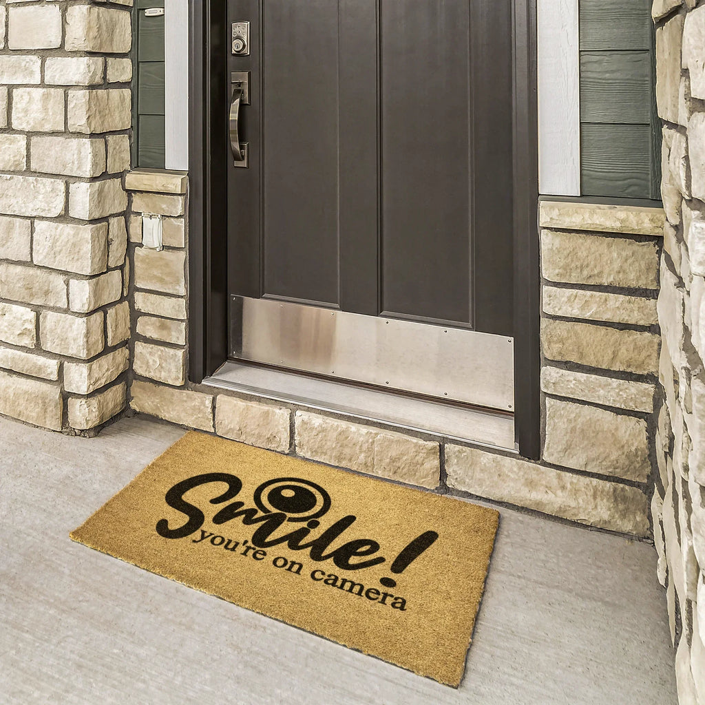 Funny Security Doormat - Smile! You’re on Camera | Coir Welcome Mat for Home Surveillance | Humorous Front Porch Décor