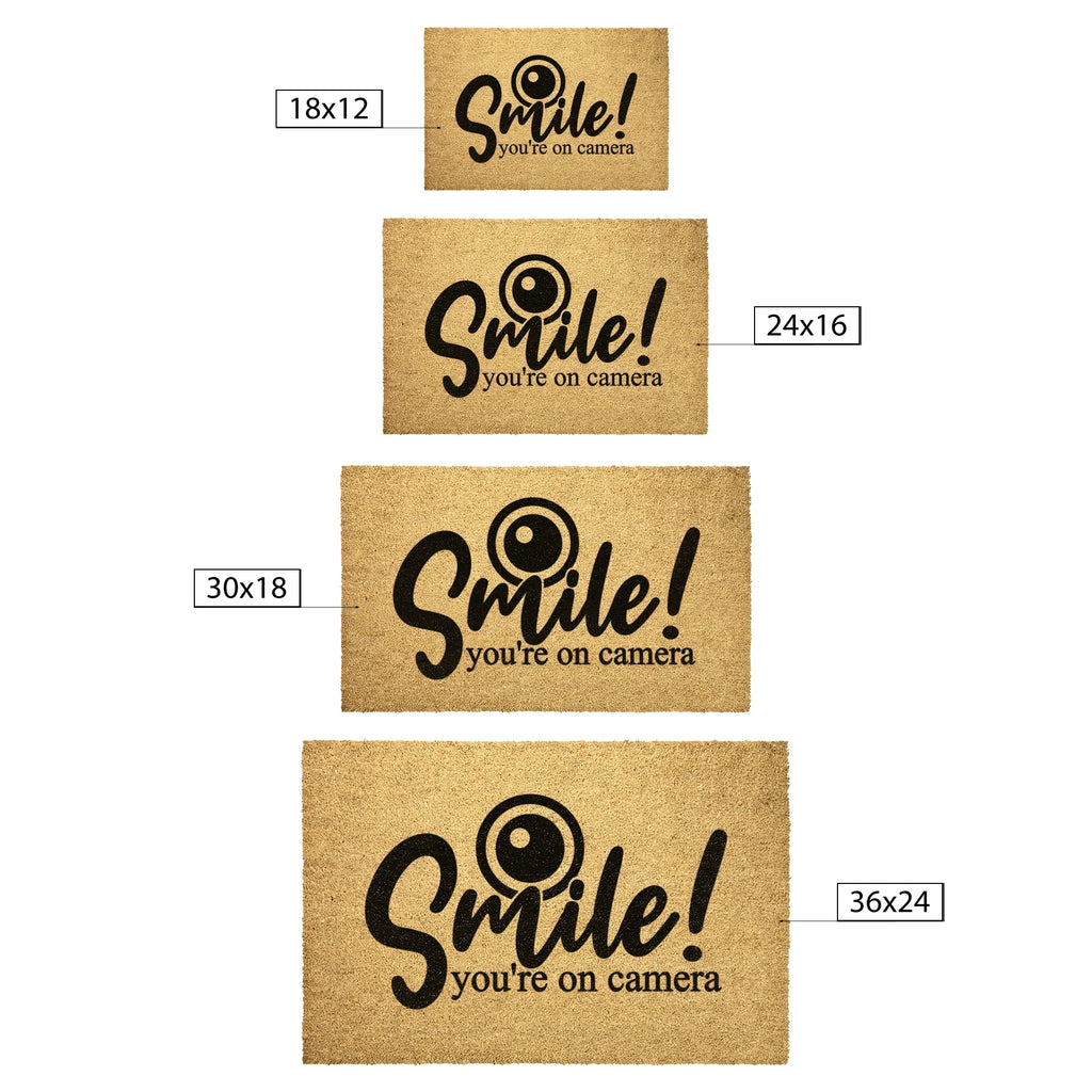 Funny Security Doormat - Smile! You’re on Camera | Coir Welcome Mat for Home Surveillance | Humorous Front Porch Décor