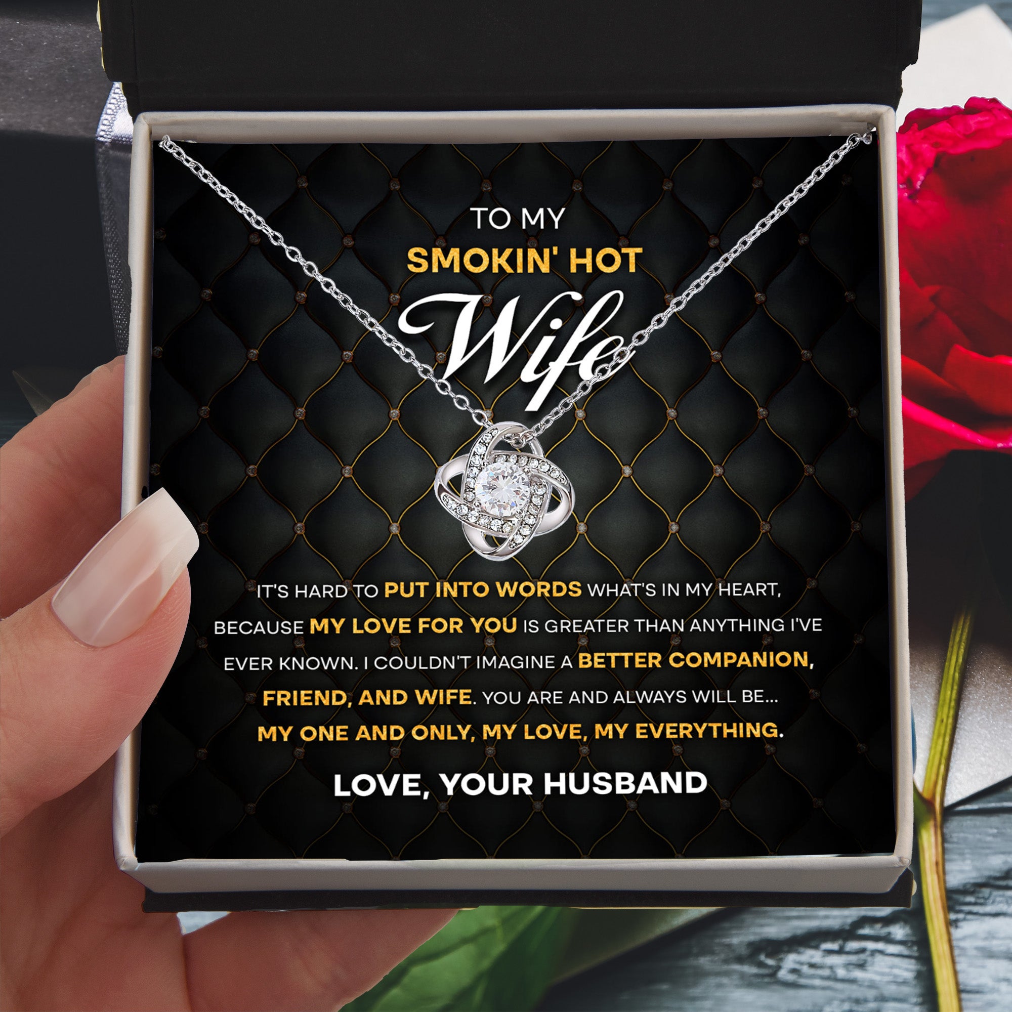 To My Smokin' Hot Wife – Love Knot Necklace with Bold Romantic Message | Gift from Husband to His One & Only - Mallard Moon Gift Shop