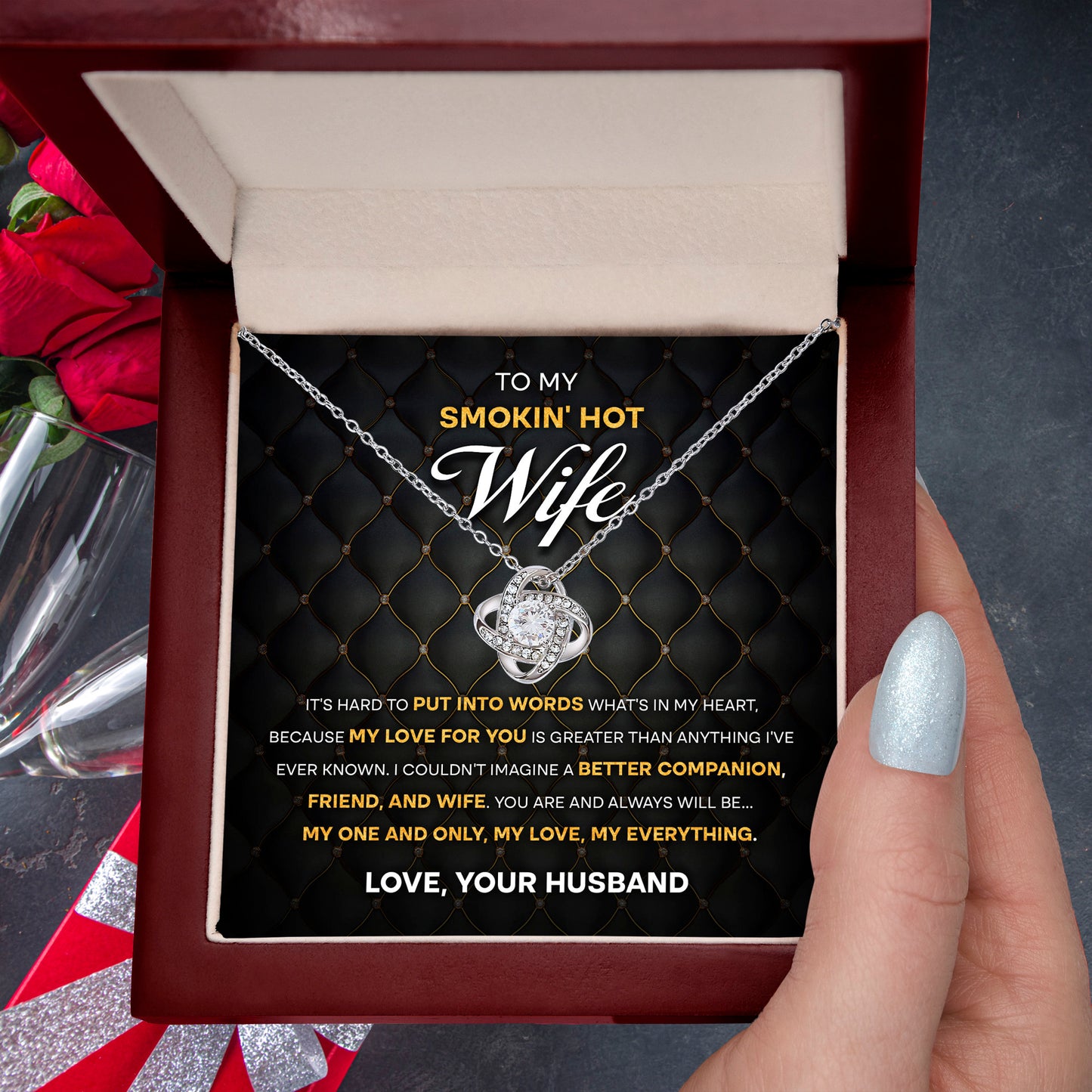 To My Smokin' Hot Wife – Love Knot Necklace with Bold Romantic Message | Gift from Husband to His One & Only - Mallard Moon Gift Shop