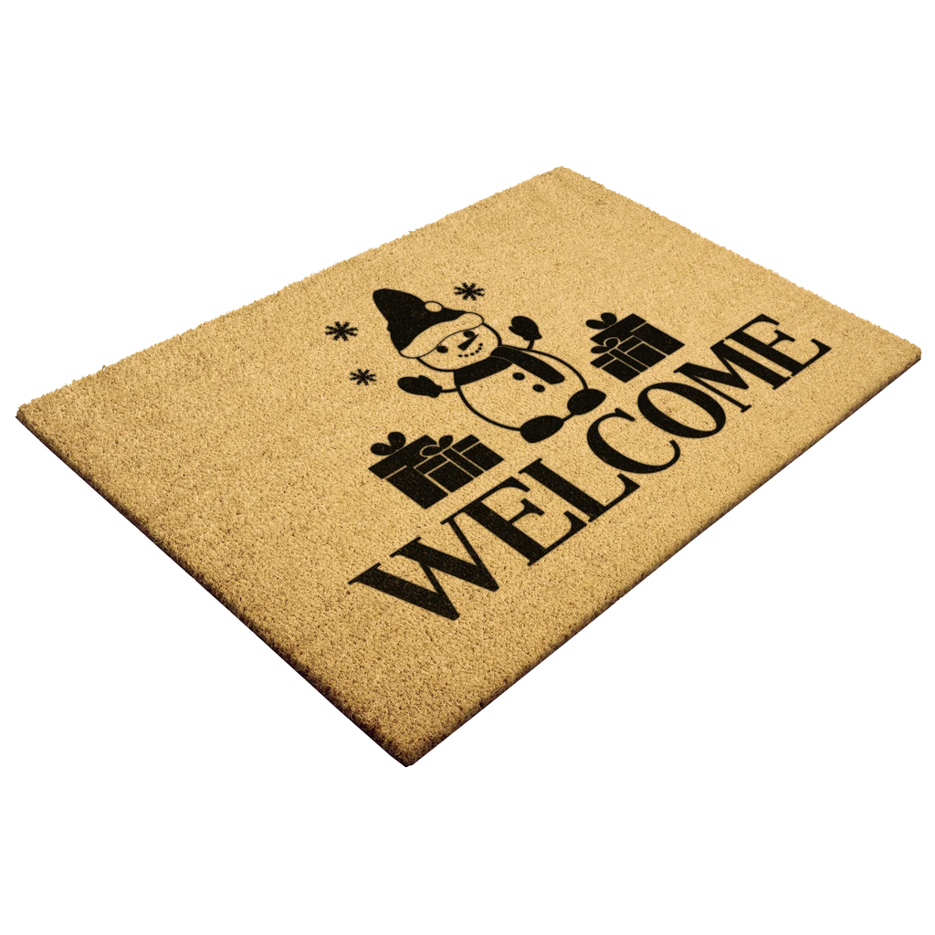 Snowman “Welcome” Doormat | Festive Coir Christmas Welcome Mat with Gifts and Snowflakes | Holiday Front Porch Décor
