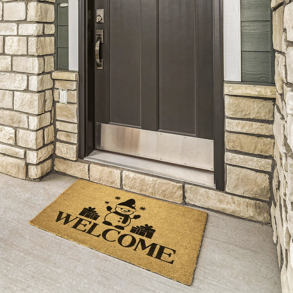 Snowman “Welcome” Doormat | Festive Coir Christmas Welcome Mat with Gifts and Snowflakes | Holiday Front Porch Décor