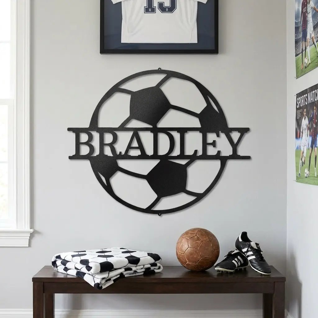 Personalized Soccer Ball Metal Wall Art – Custom Name Soccer Sign – Sports Decor for Kids Room, Soccer Player Gift, Indoor Outdoor Steel Sign
