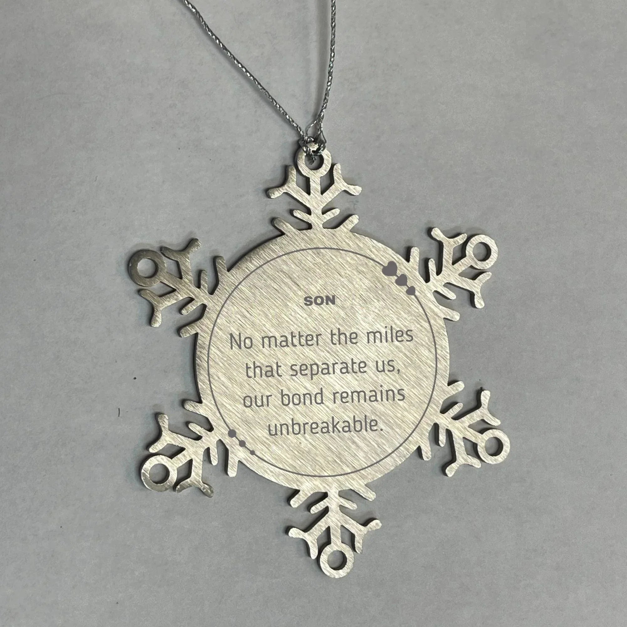 Son Long Distance Relationship Gifts, No matter the miles that separate us, Cute Love Snowflake Ornament For Son, Birthday Christmas Unique Gifts For Son