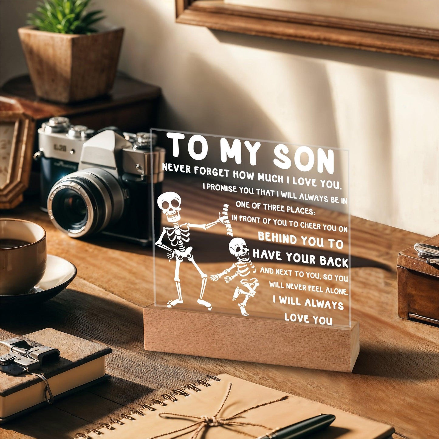 Son - Never Feel Alone Halloween Acrylic Square Plaque with LED Wooden Base - Mallard Moon Gift Shop