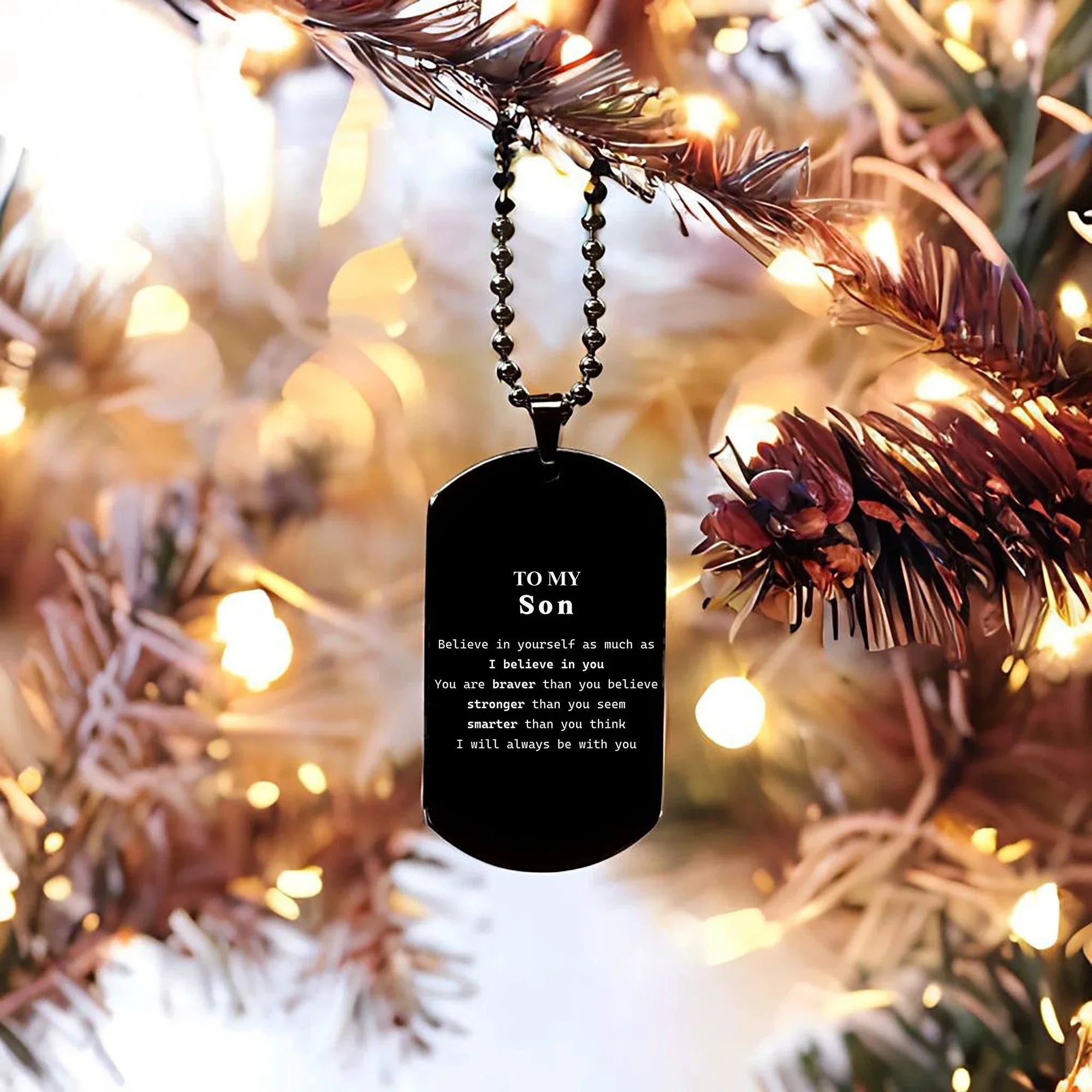 Son Black Dog Tag Gifts, To My Son You are braver than you believe, stronger than you seem, Inspirational Gifts For Son Engraved, Birthday, Christmas Gifts For Son Men Women