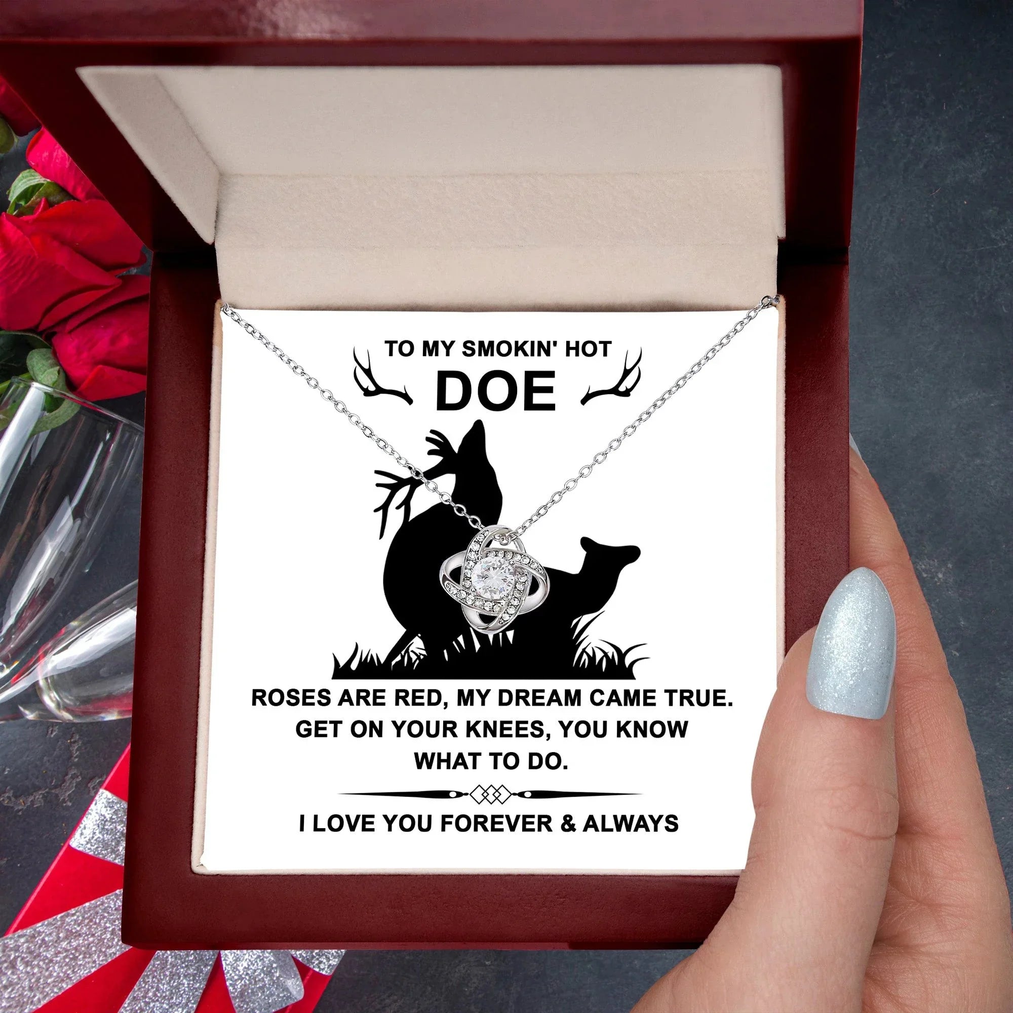 To My Smokin' Hot Doe” Message Card with Love Knot Necklace – Romantic and Playful Valentine's Day Gift