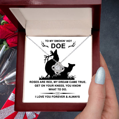 To My Smokin' Hot Doe” Message Card with Love Knot Necklace – Romantic and Playful Valentine's Day Gift - Mallard Moon Gift Shop
