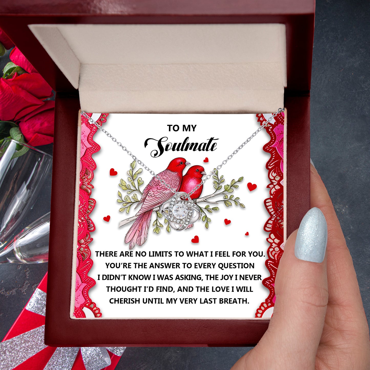 Romantic Gift for Her: Love Knot Necklace with Emotional Soulmate Message