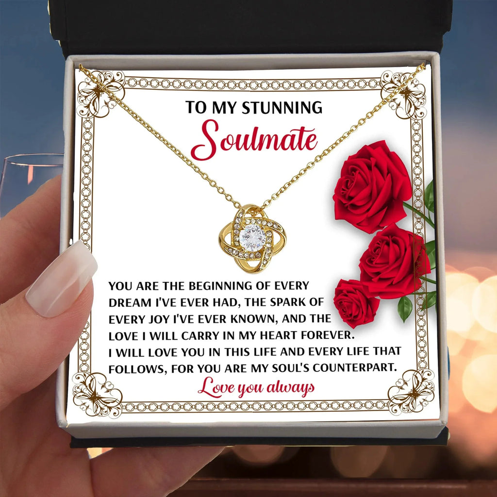 Romantic Soulmate Gift – In My Heart Forever - Love Knot Necklace Pendant with Meaningful Message Card