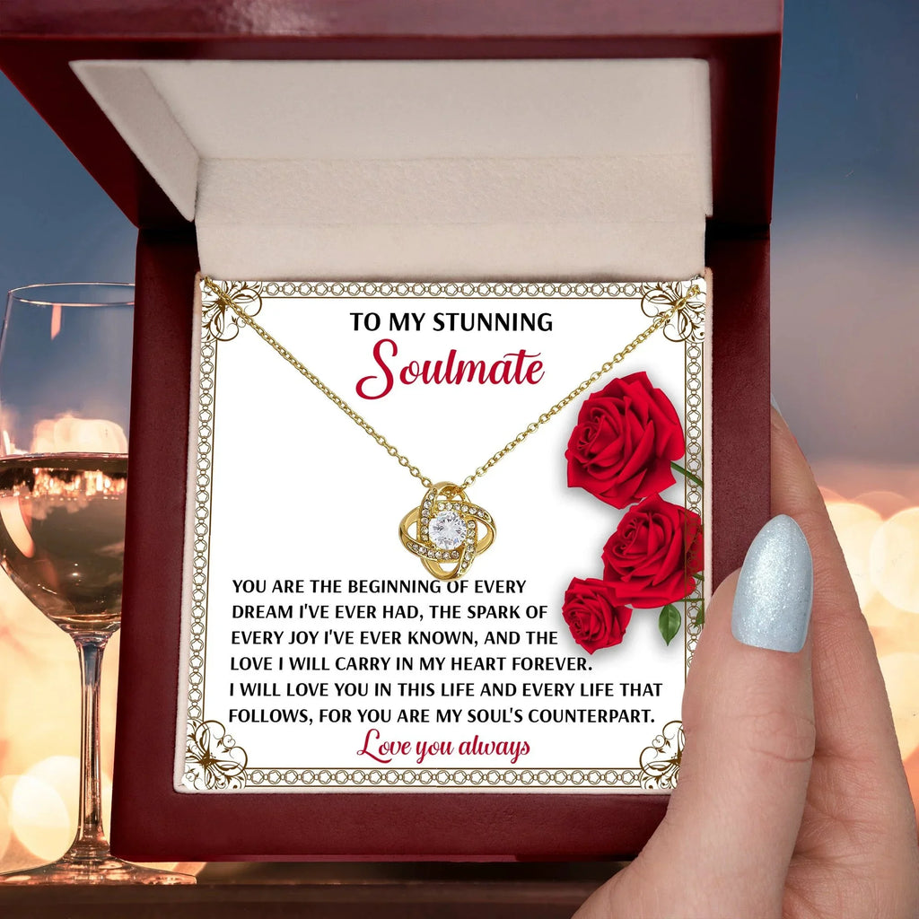 Romantic Soulmate Gift – In My Heart Forever - Love Knot Necklace Pendant with Meaningful Message Card