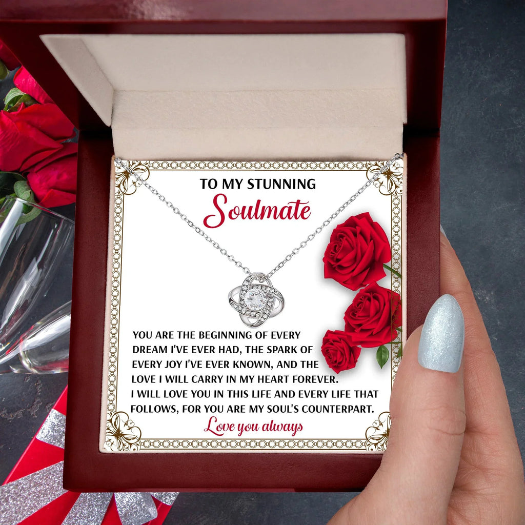 Romantic Soulmate Gift – In My Heart Forever - Love Knot Necklace Pendant with Meaningful Message Card
