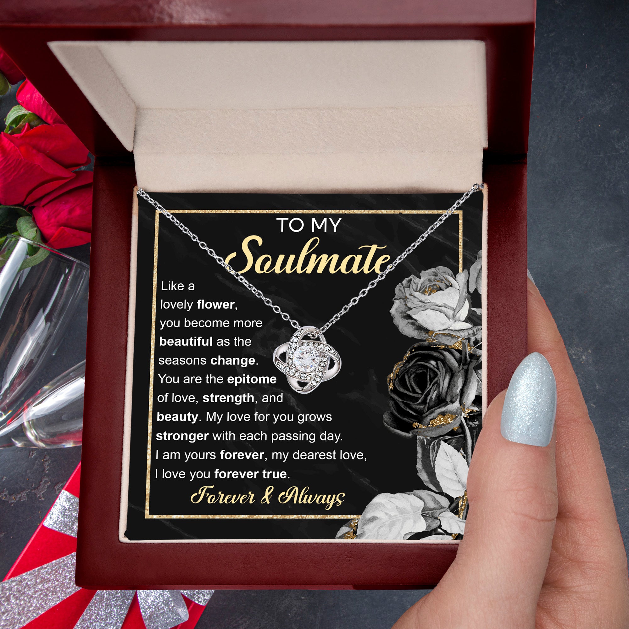 To My Soulmate – Love Knot Necklace with Elegant Forever & Always Message | Romantic Gift for the One You Cherish Most - Mallard Moon Gift Shop