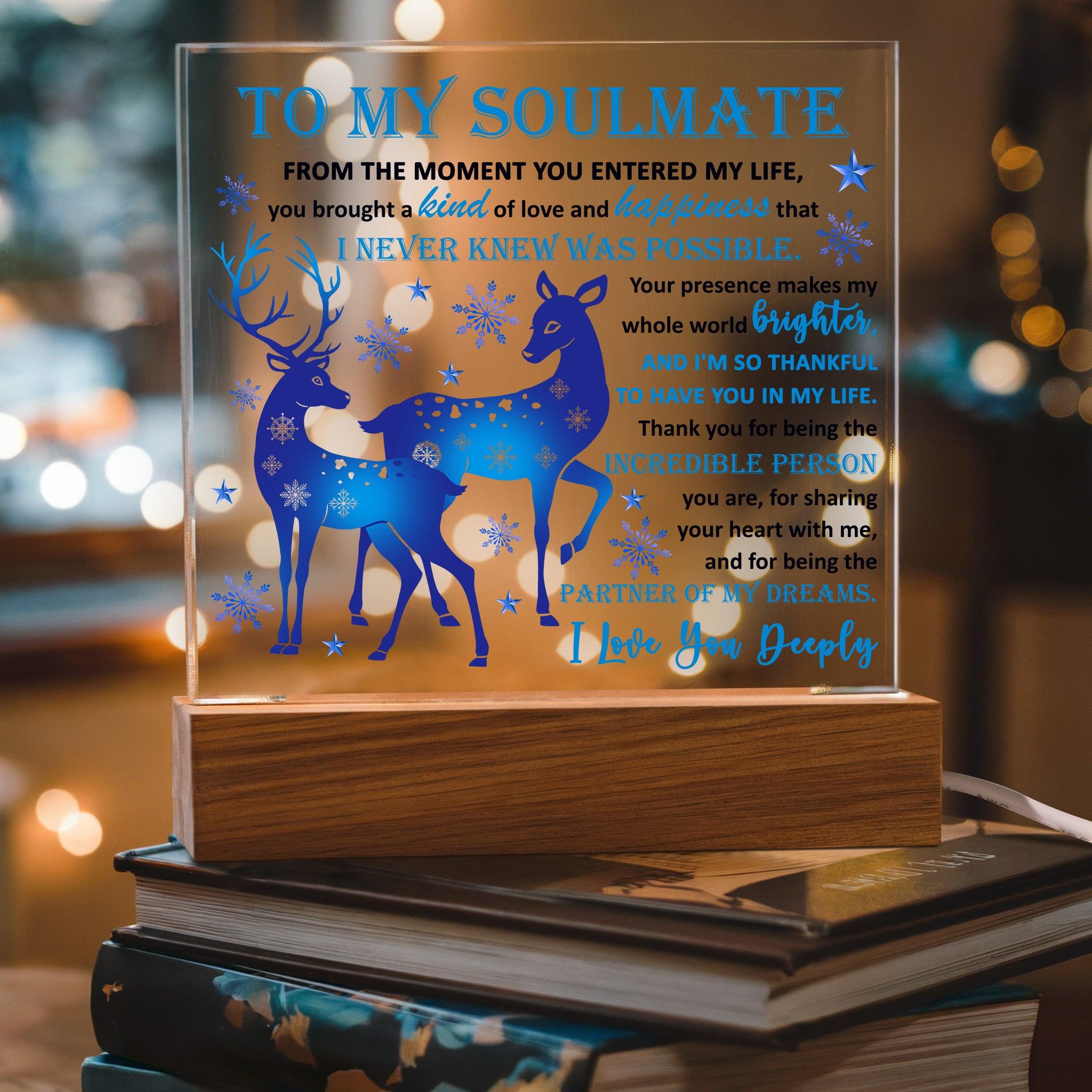 Soulmate - Partner Of Dreams Acrylic Plaque with LED Lighted Wooden Base - Mallard Moon Gift Shop