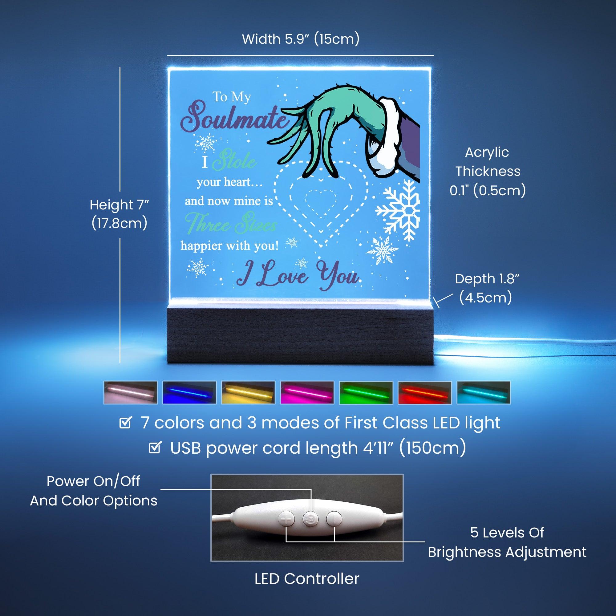 Soulmate Gift - Stole My Heart - Christmas Acrylic Plaque with Lighted LED wooden Base - Mallard Moon Gift Shop