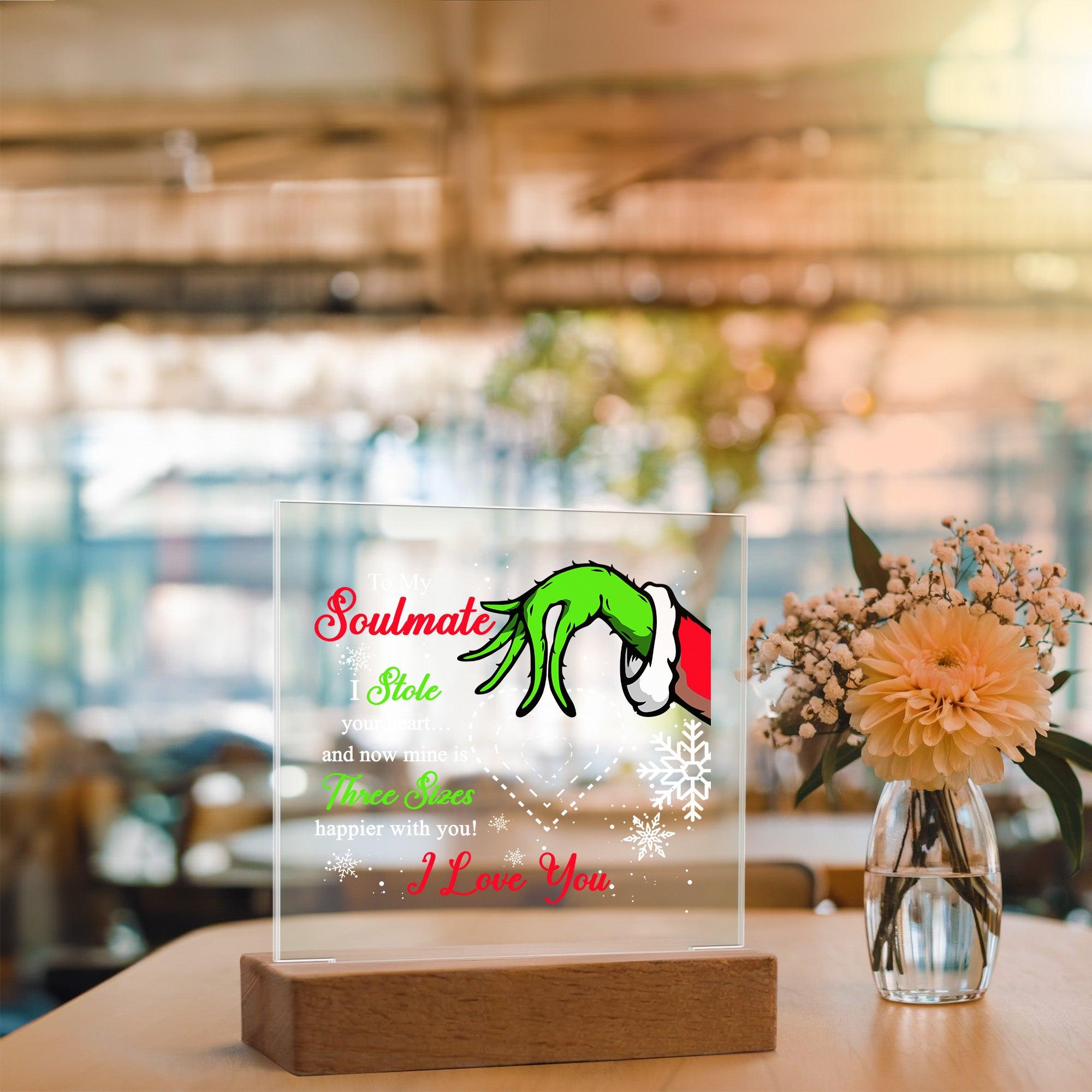 Soulmate Gift - Stole My Heart - Christmas Acrylic Plaque with Lighted LED wooden Base - Mallard Moon Gift Shop