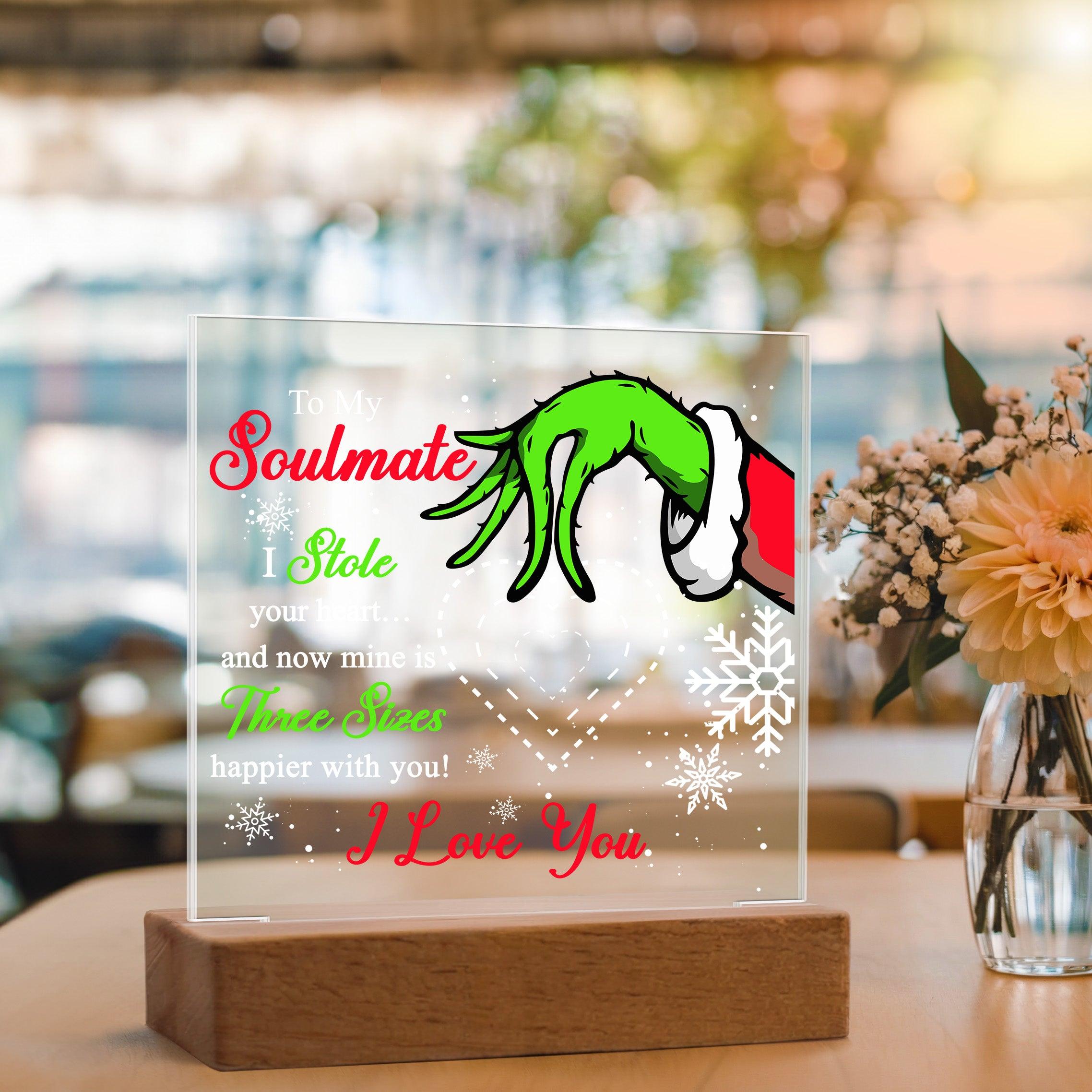 Soulmate Gift - Stole My Heart - Christmas Acrylic Plaque with Lighted LED wooden Base - Mallard Moon Gift Shop