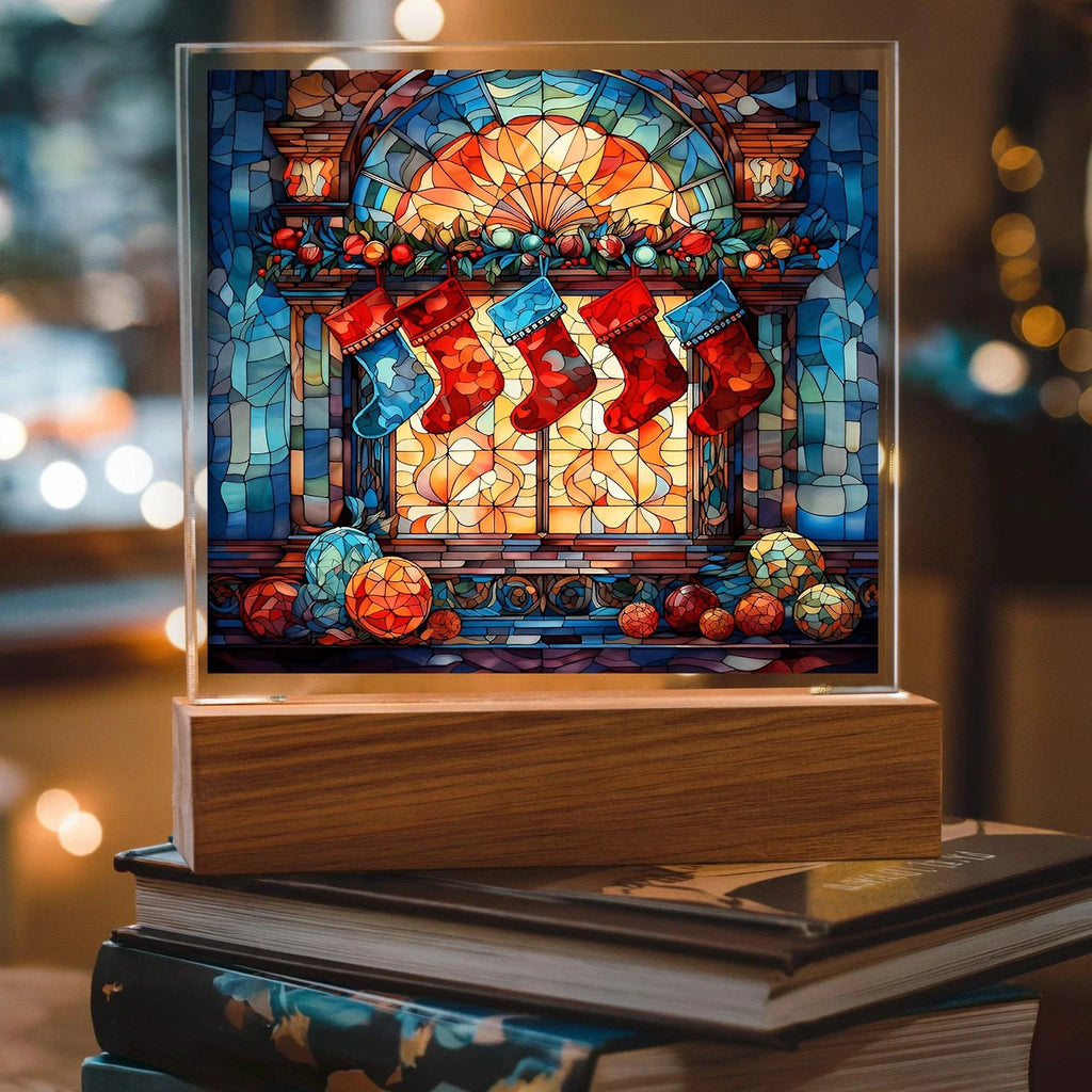 Stained Glass Christmas Stockings Acrylic Plaque with Lighted LED Wooden Base