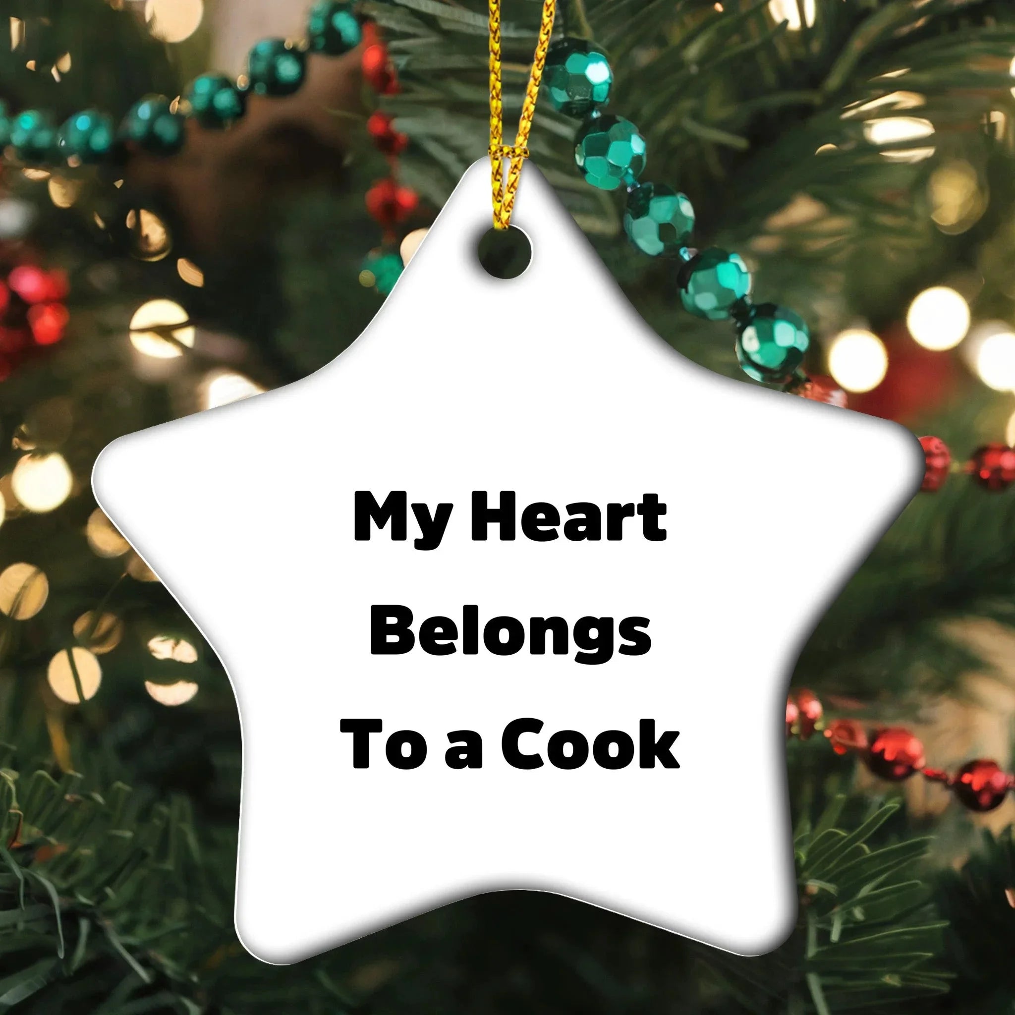Funny Cook Gifts from Family - My Heart Belongs To A Cook Star Ornament, White, 3.25" tall - Perfect for Christmas Unique Gifts for Her, Him, Friends, Coworkers