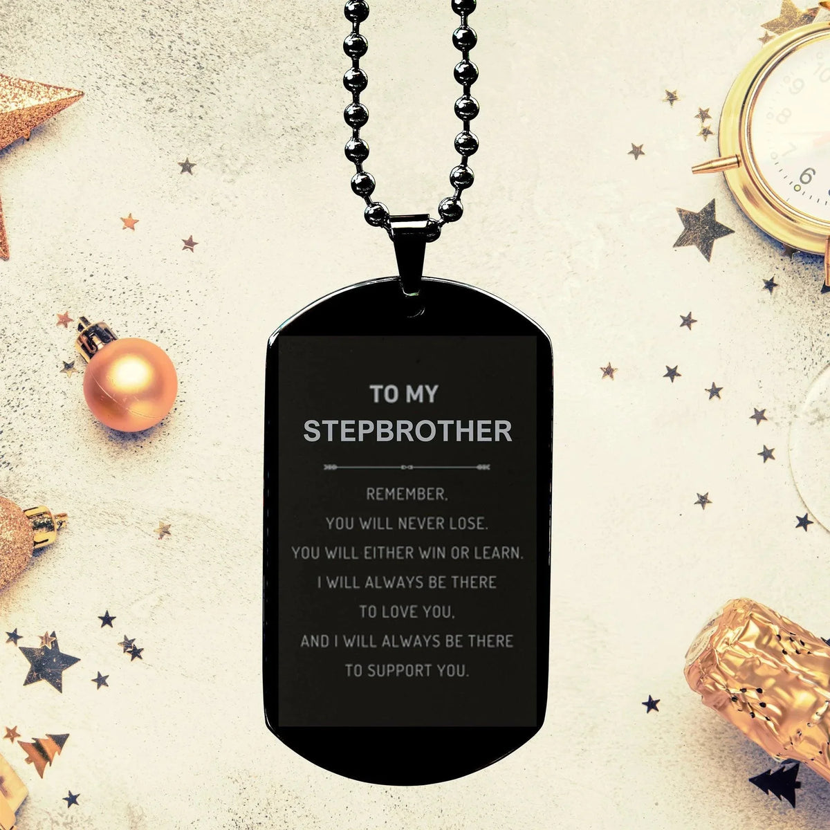 Stepbrother Gifts, To My Stepbrother Remember, you will never lose. You will either WIN or LEARN, Keepsake Black Dog Tag For Stepbrother Engraved, Birthday Christmas Gifts Ideas For Stepbrother X-mas Gifts