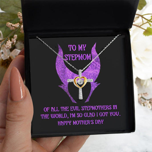 Stepmom Mother's Day Gift - To My Stepmom - Of All the Evil Stepmothers in the World, I'm Glad I Got You Cross Pendant Necklace - Mallard Moon Gift Shop