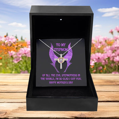 Stepmom Mother's Day Gift - To My Stepmom - Of All the Evil Stepmothers in the World, I'm Glad I Got You Cross Pendant Necklace - Mallard Moon Gift Shop