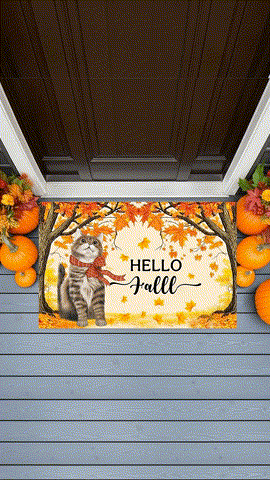 Hello Fall Cat Doormat – Fall Welcome Mat with Interchangeable Cat Designs, Autumn Leaves & Cozy Seasonal Décor for Cat Lovers and Fall Homes