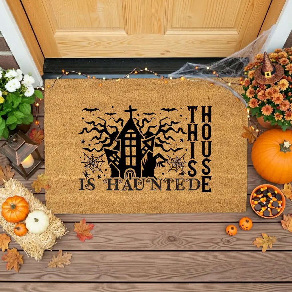 This House Is Haunted Coir Doormat – Haunted House Halloween Welcome Mat | Spooky Front Porch Decor | Rustic Fall Entryway Rug